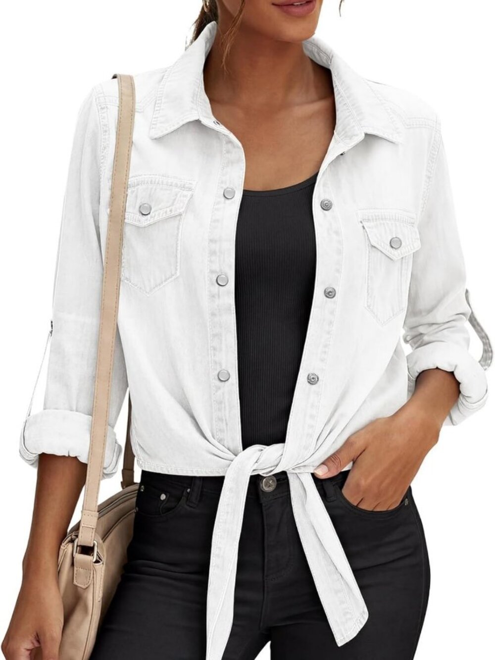 Chic Women's Denim Button Down Shirt - Long Sleeve Tie Knot Crop Top Jacket
